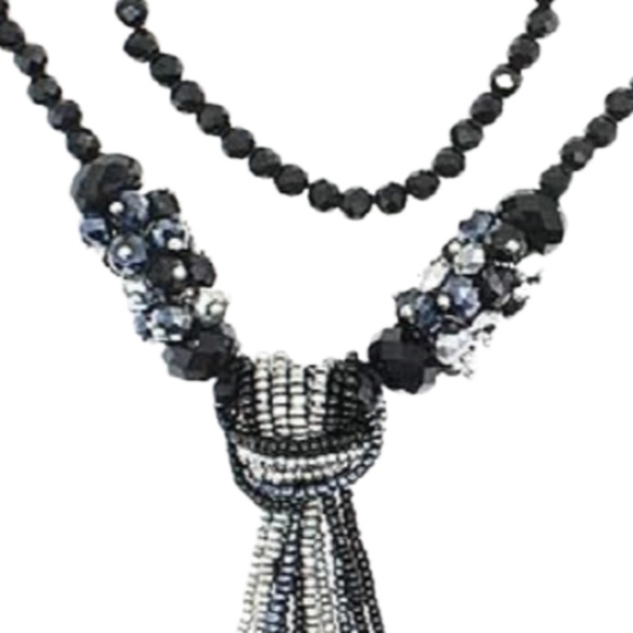 Black Beaded Tassel Necklace – 26" Strand with 7.5" Crystal Fringe Drop - Picture 2 of 2